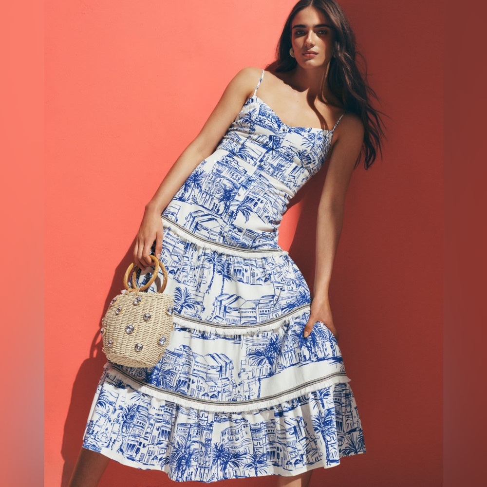 Aqua City Palm Scenic Print Dress - Mediterranean Blue and White XS